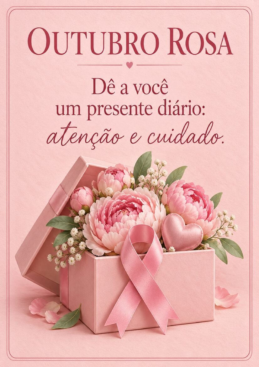Imagem Outubro Rosa com caixa de presente rosa aberta, flores e coração, acompanhada de frase sobre atenção e cuidado